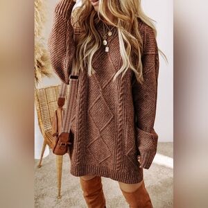 Rust Heather Brown Chunky Cable Knit Sweater Dress
